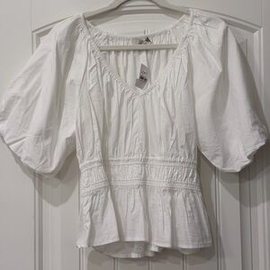 LOFT White V‑Neck Smocked Peplum Blouse with Puff Sleeves